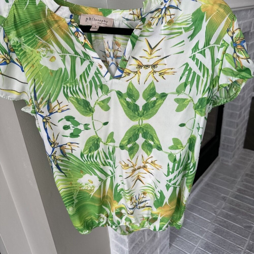 Philosophy Top Womens Small Green Tropical Floral Ruffle Sleeve